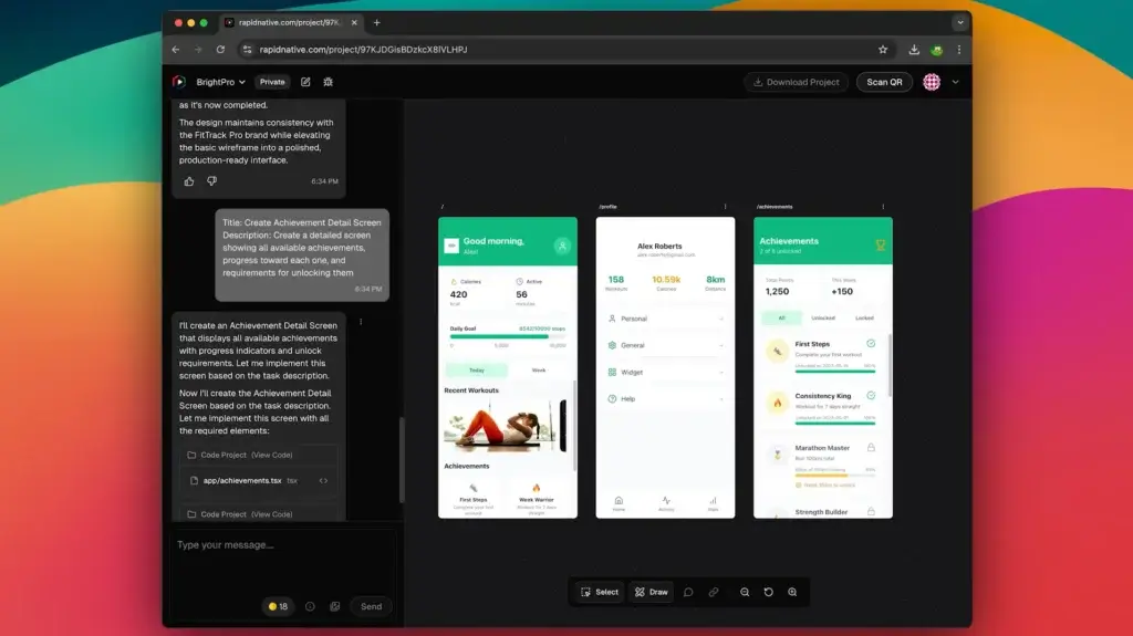 AI-generated fitness app screens displayed inside RapidNative project workspace