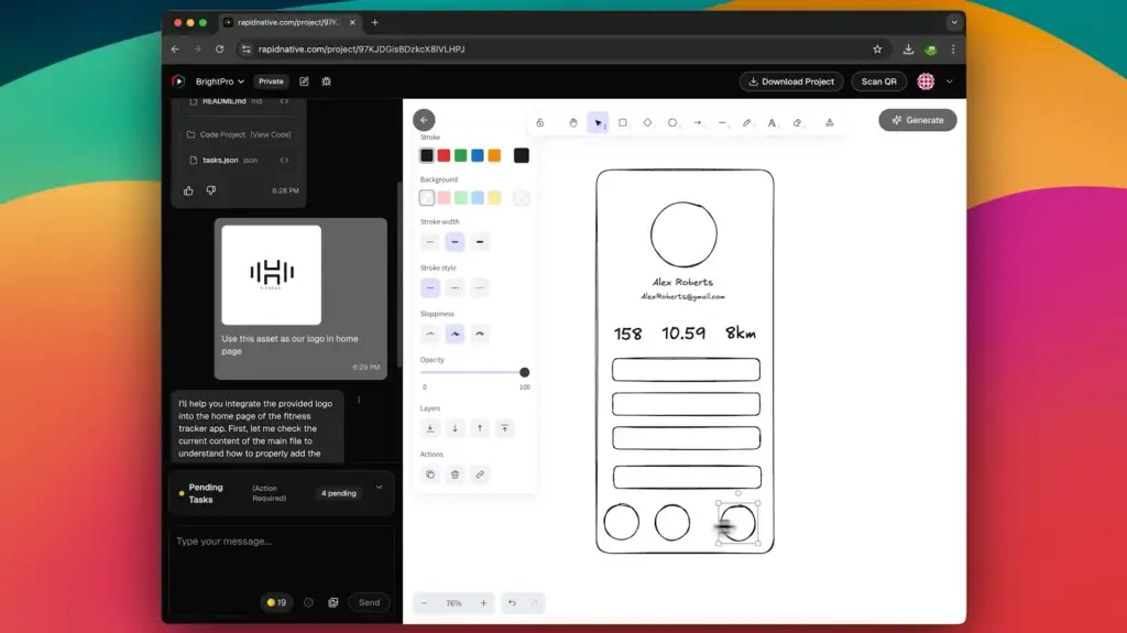 AI mobile app wireframe being transformed into a React Native layout in RapidNative editor