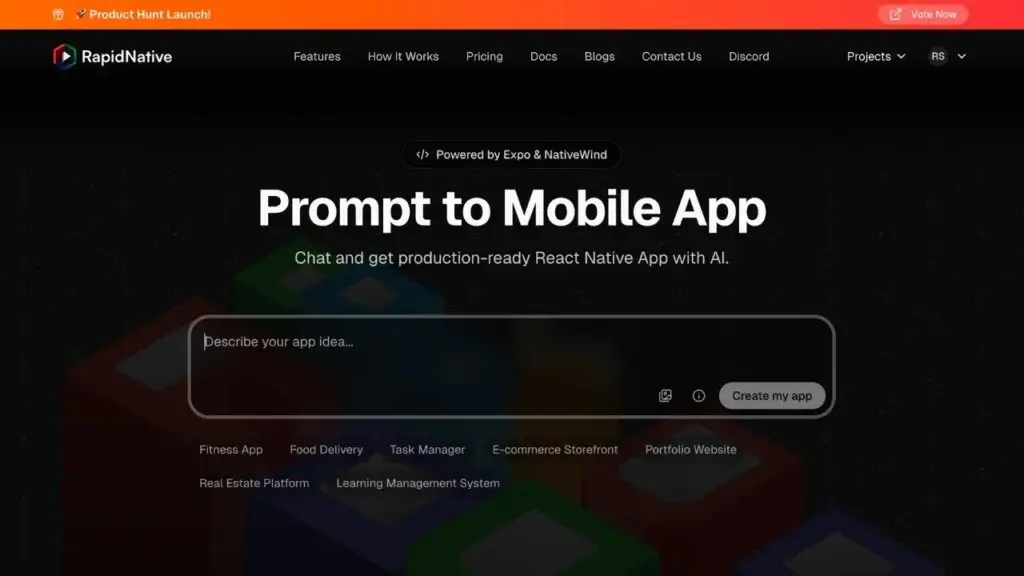 RapidNative interface showing prompt box for generating mobile app screens with AI