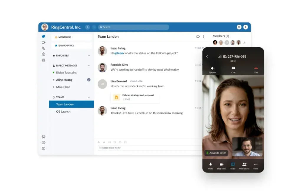 RingCentral messaging and video meeting interface across desktop and mobile