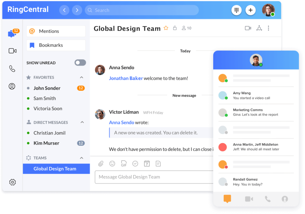 RingCentral team chat interface showing conversations and quick access tools