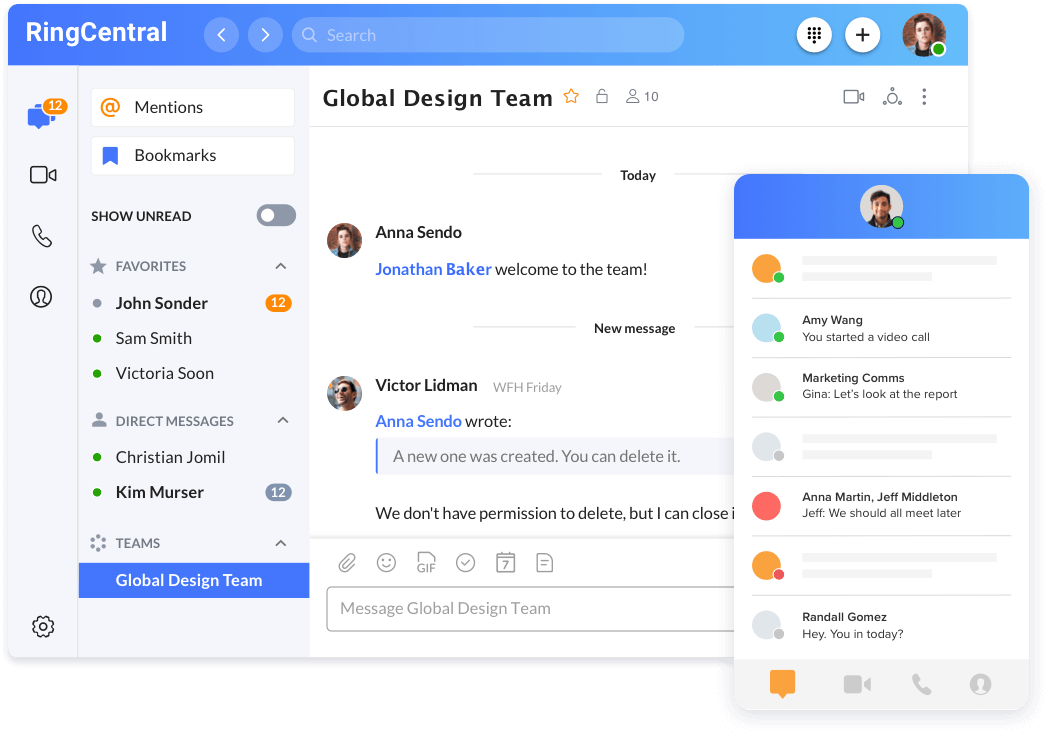 RingCentral team chat interface showing conversations and quick access tools