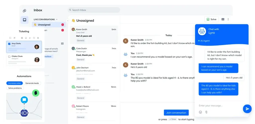 Tidio inbox showing live chat, email, and automation features