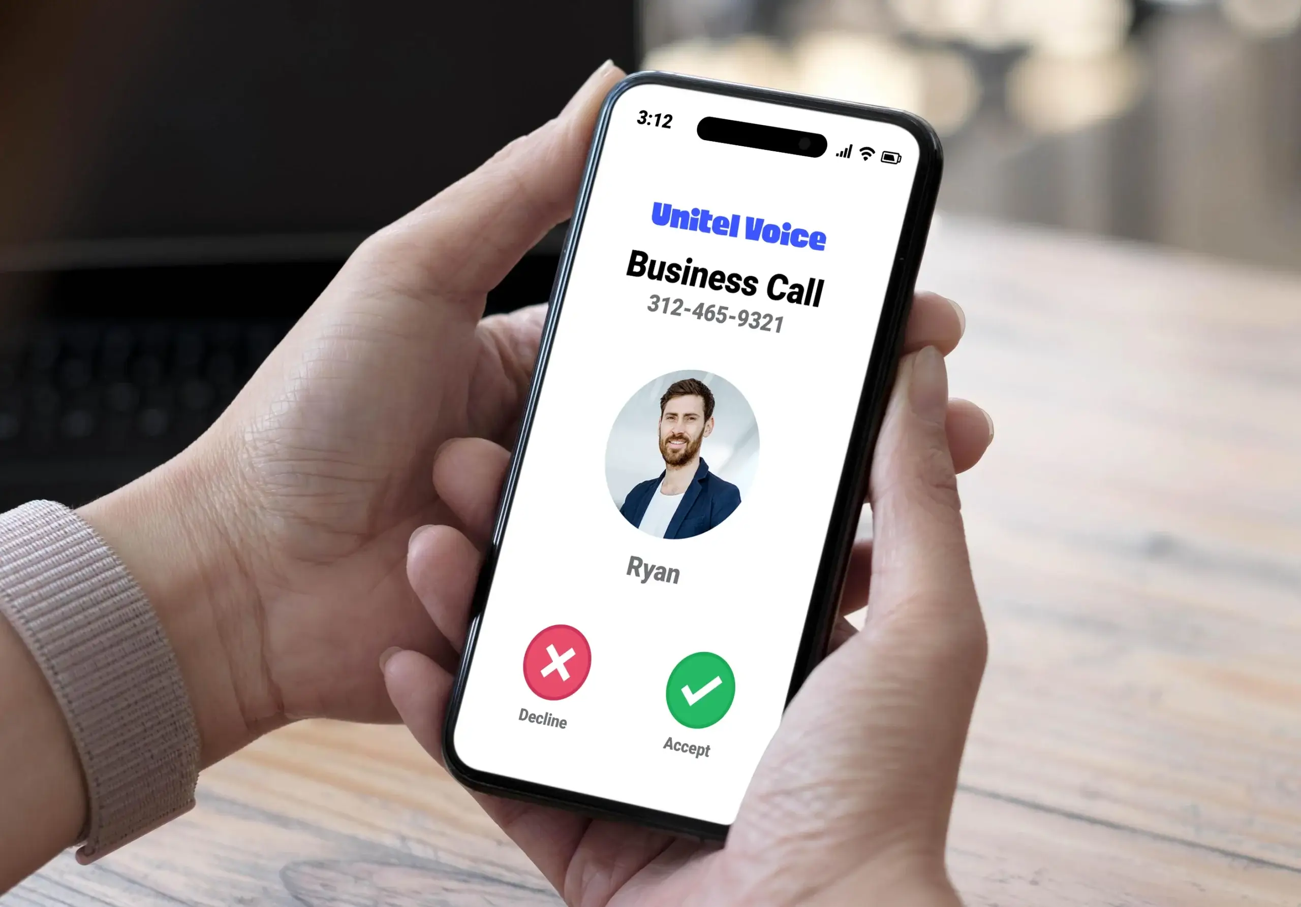 Incoming business call displayed through the Unitel Voice app on a smartphone.