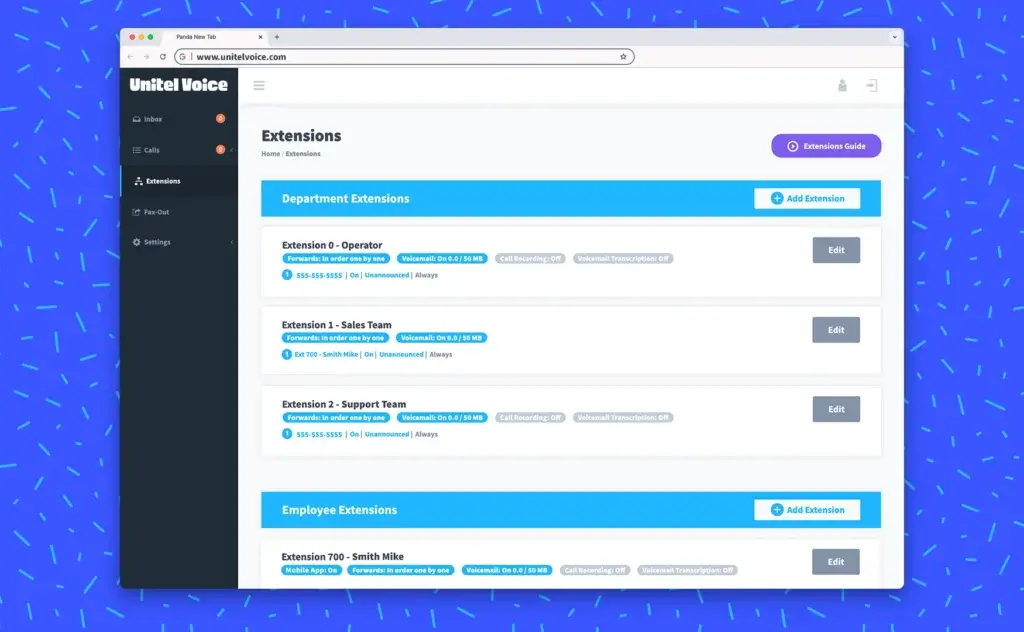 Unitel Voice extensions dashboard for managing department and employee lines.