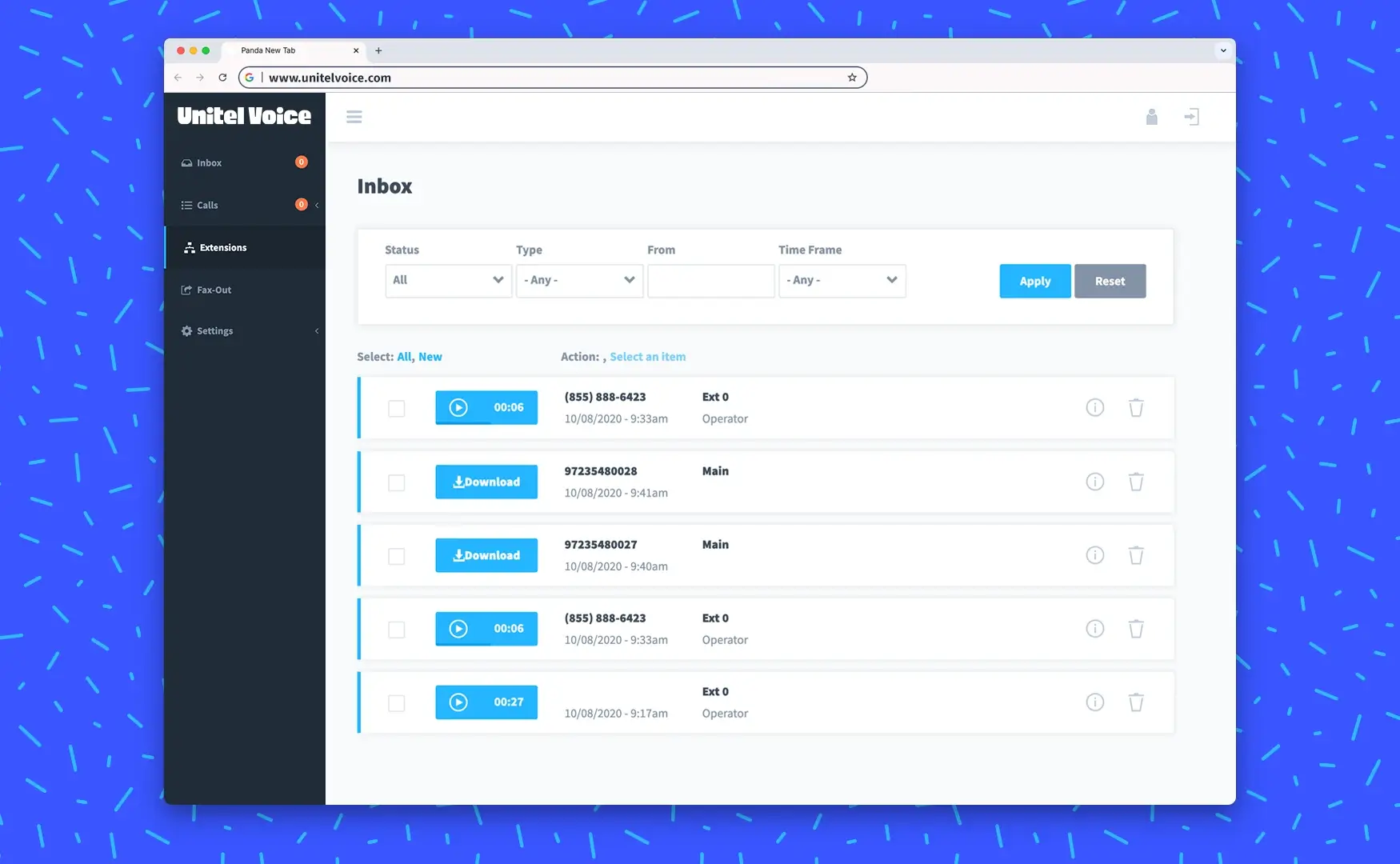 Unitel Voice dashboard showing voicemail inbox and call recordings.