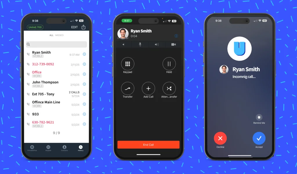 Unitel Voice mobile app showing call history, active call screen, and incoming call interface.