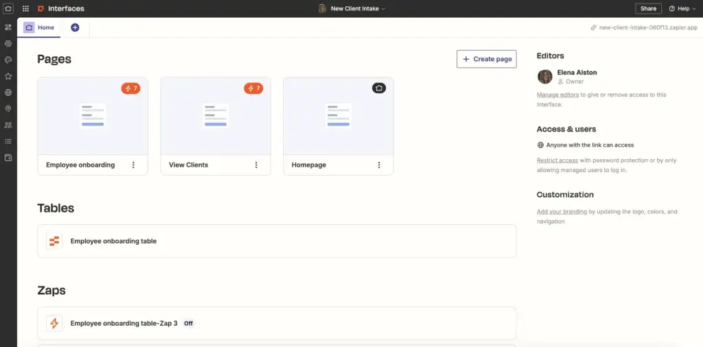Zapier Interfaces dashboard with pages and tables for client management
