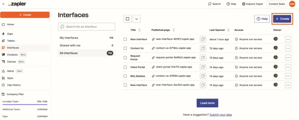 Creating a new interface in Zapier workspace