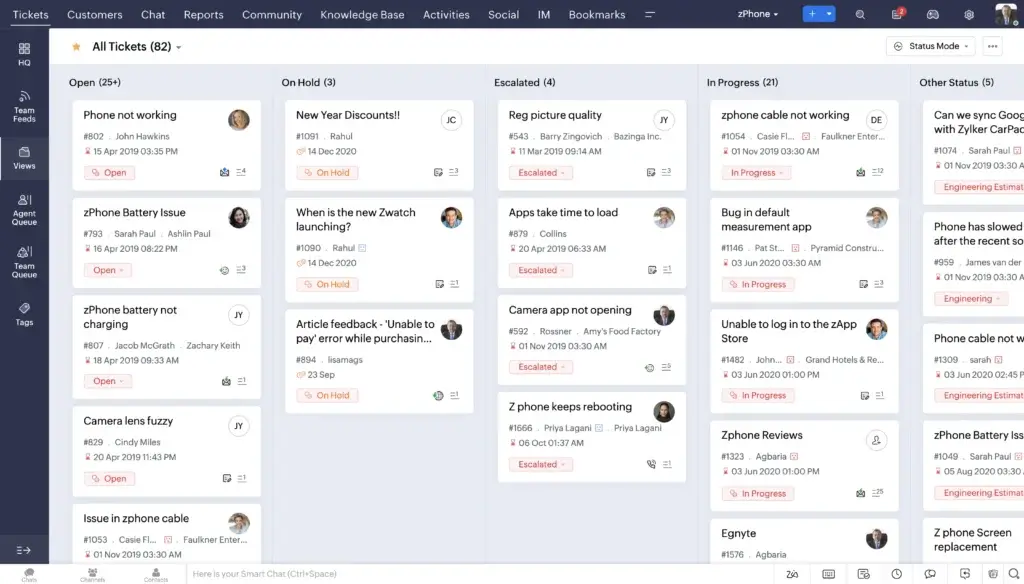 Zoho Desk ticket management board with categorized workflow view