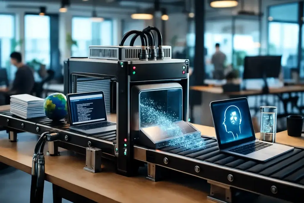 Realistic scene of a conveyor system processing data for AI training