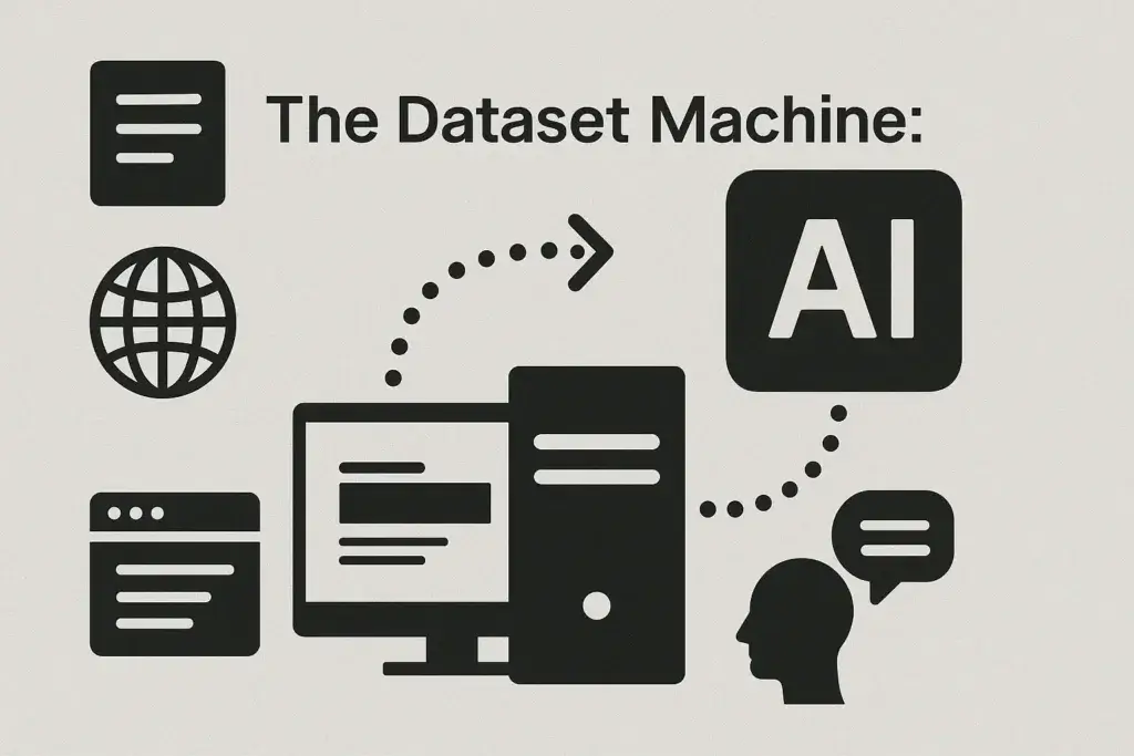Minimal vector illustration showing dataset machine sources feeding into an AI system