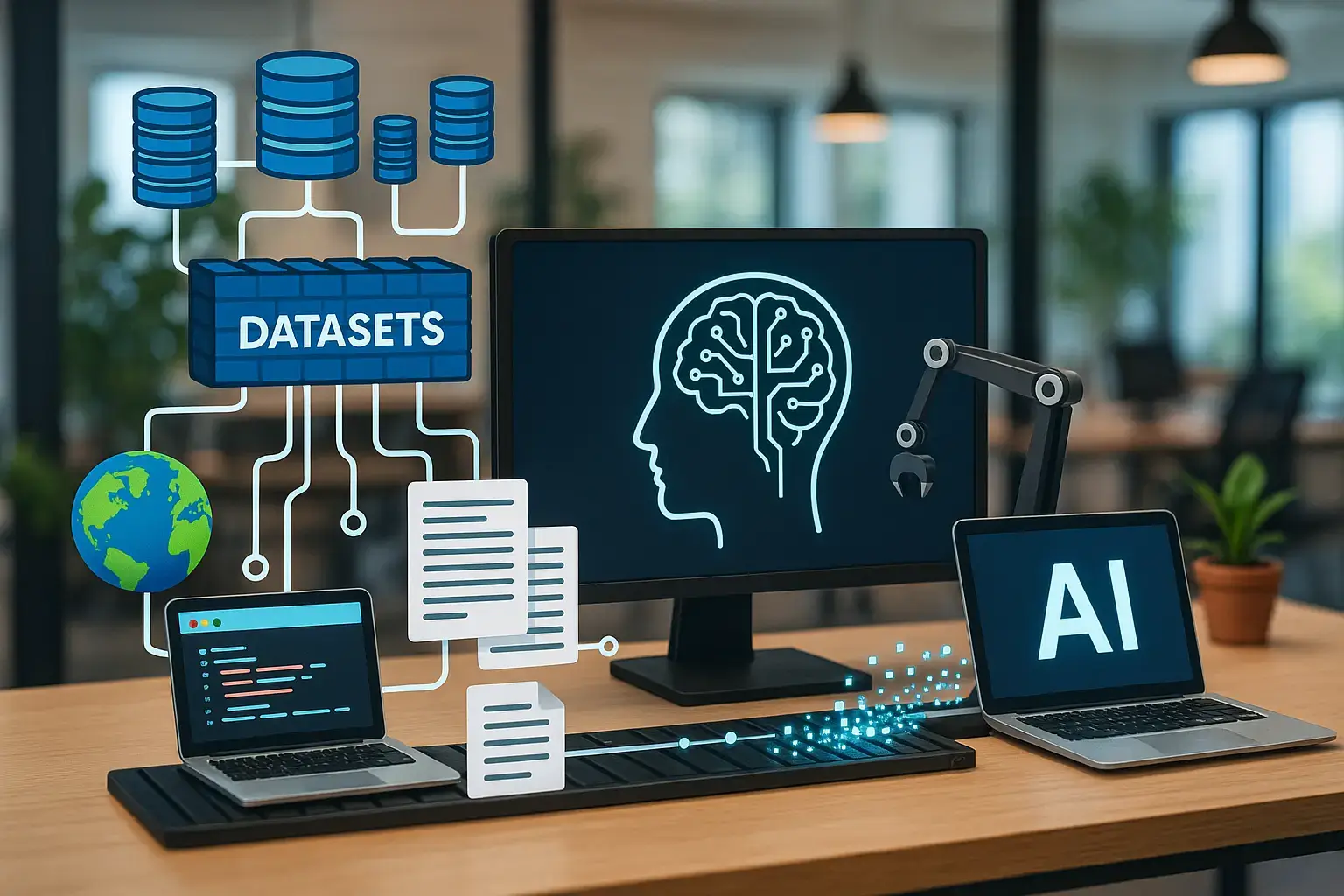 Office scene showing datasets flowing into AI systems on computer screens