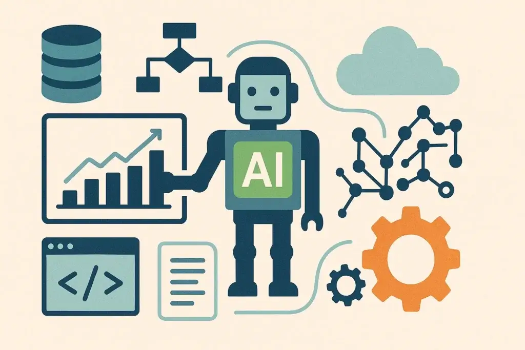 Colorful flat illustration showing AI robot, data charts, and training elements