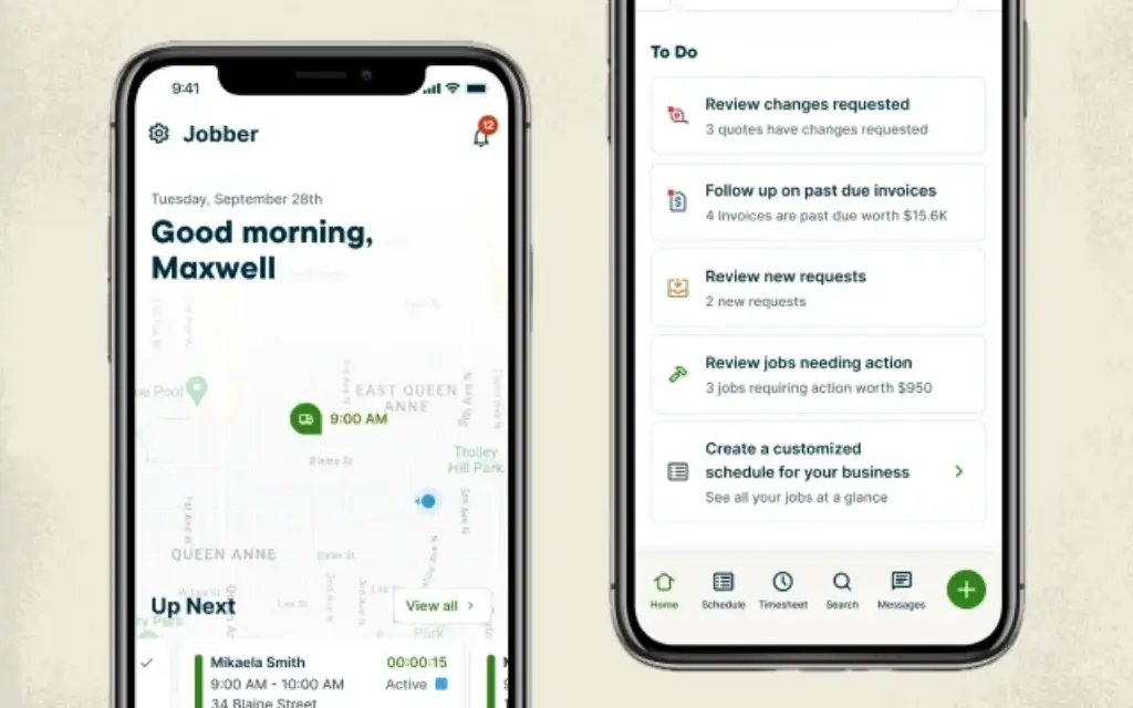 Jobber mobile app showing technician schedule and daily to-do tasks