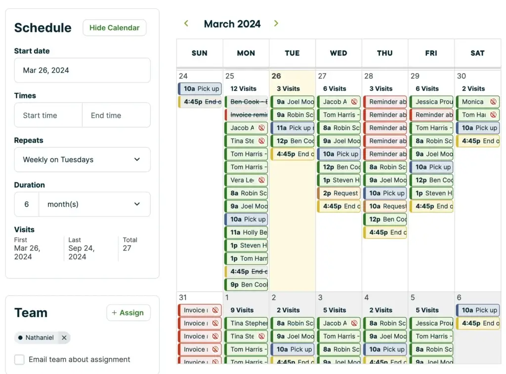 Jobber scheduling calendar showing weekly technician visits and recurring jobs