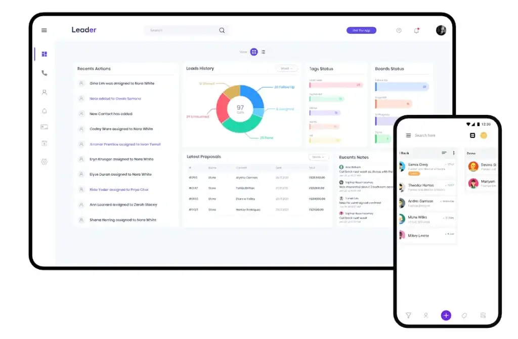 LEADer CRM dashboard showing lead insights, proposals, and recent activity on web and mobile screens