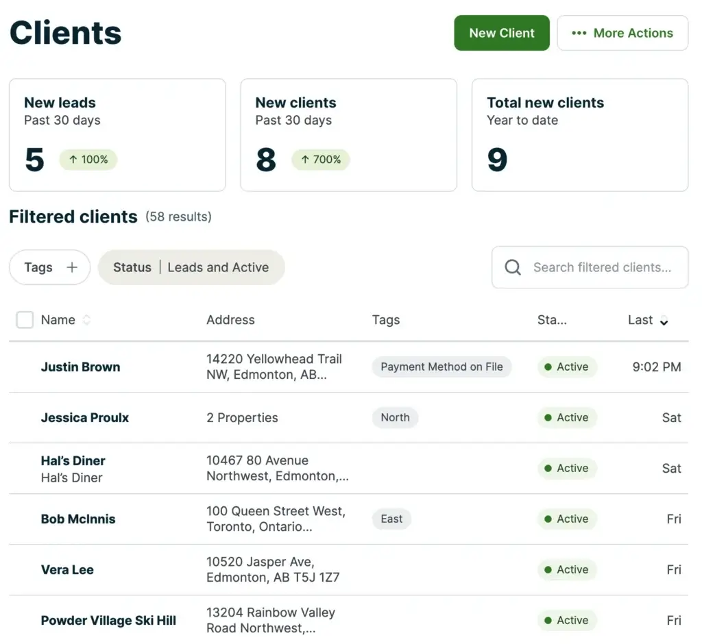 Jobber client list with lead tracking metrics and client activity status