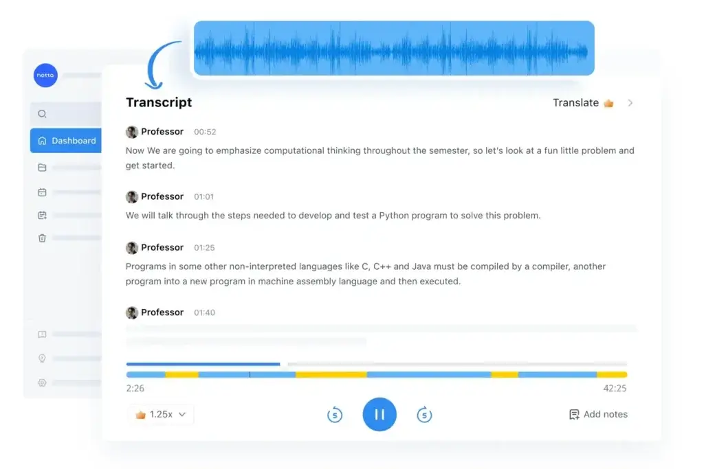 Notta transcription dashboard showing speaker-labeled meeting transcript.