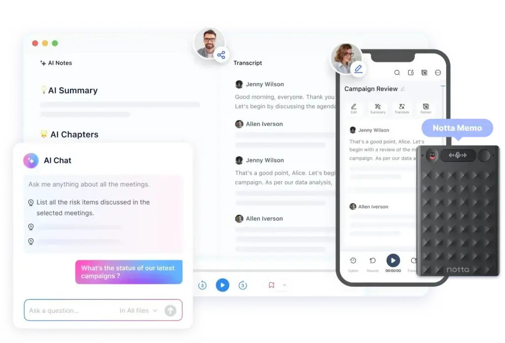 Notta AI Notes interface with AI Chat and Notta Memo voice recorder.