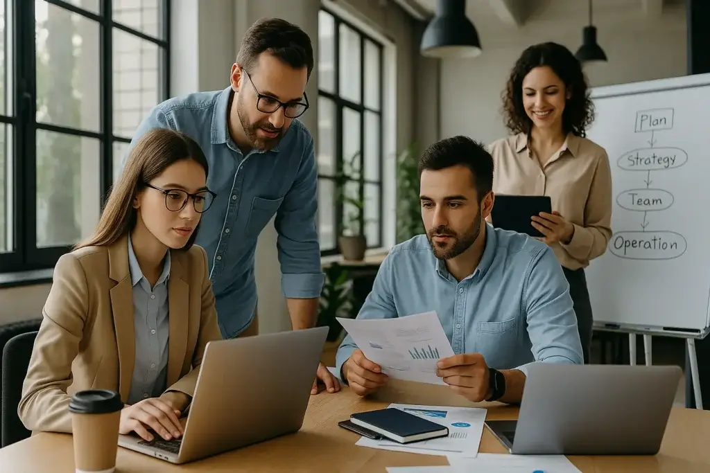 Team reviewing documents and working on laptops in a modern office with a planning whiteboard