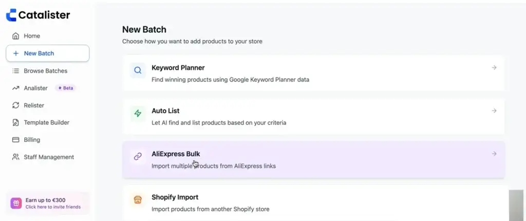 Catalister dashboard showing New Batch options for keyword planning and automated product importing