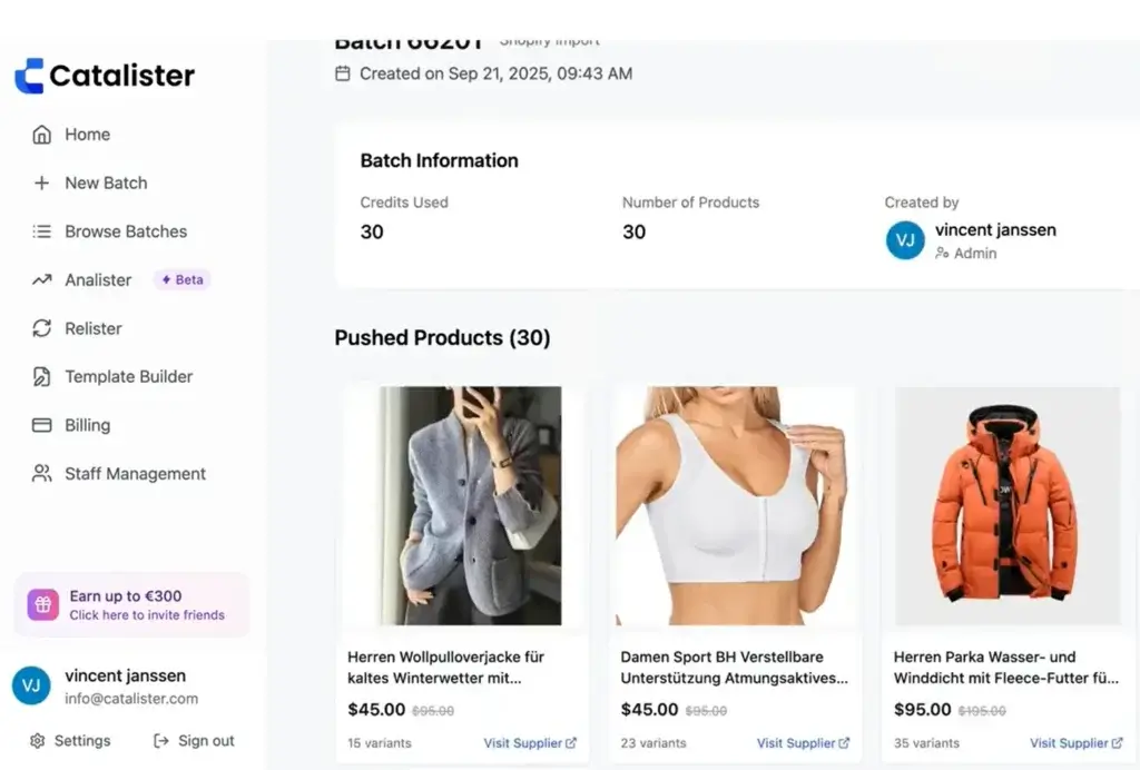 Catalister batch overview showing credits used and automated product listings pushed to a Shopify store