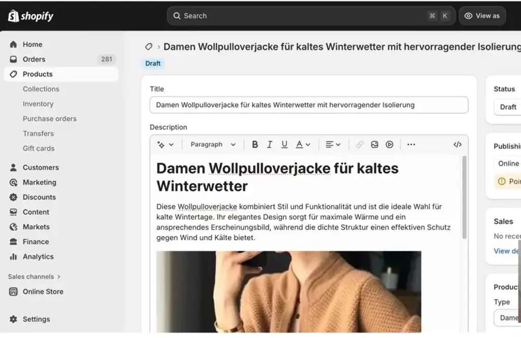 Shopify product page auto-filled with AI-generated title, description, and images from Catalister