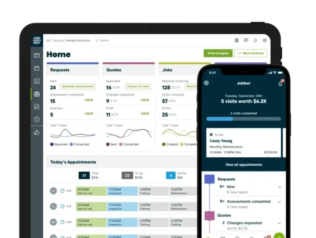 Jobber dashboard displaying requests, quotes, jobs and daily appointments