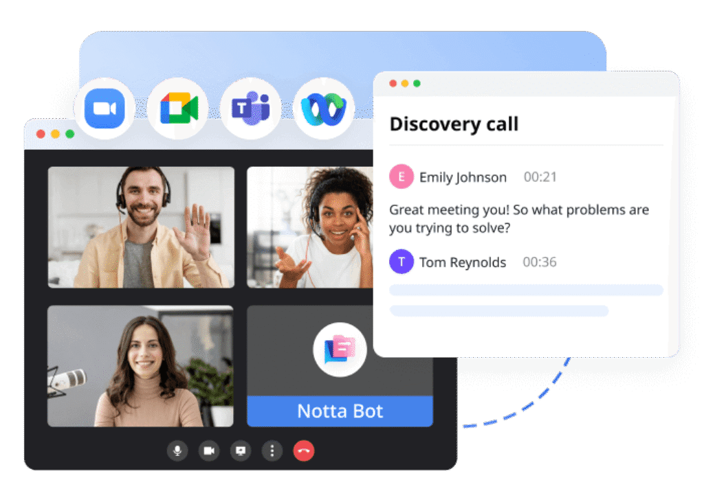 Notta Bot capturing live meeting notes across major video conferencing apps.