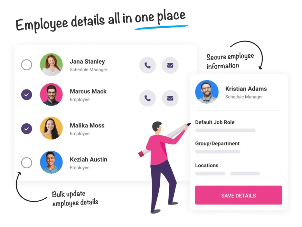 Employee management screen in Shiftie showing staff profiles and role details