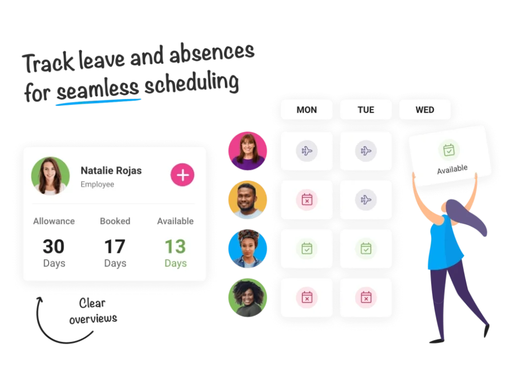 Shiftie interface showing leave balances and employee availability calendar