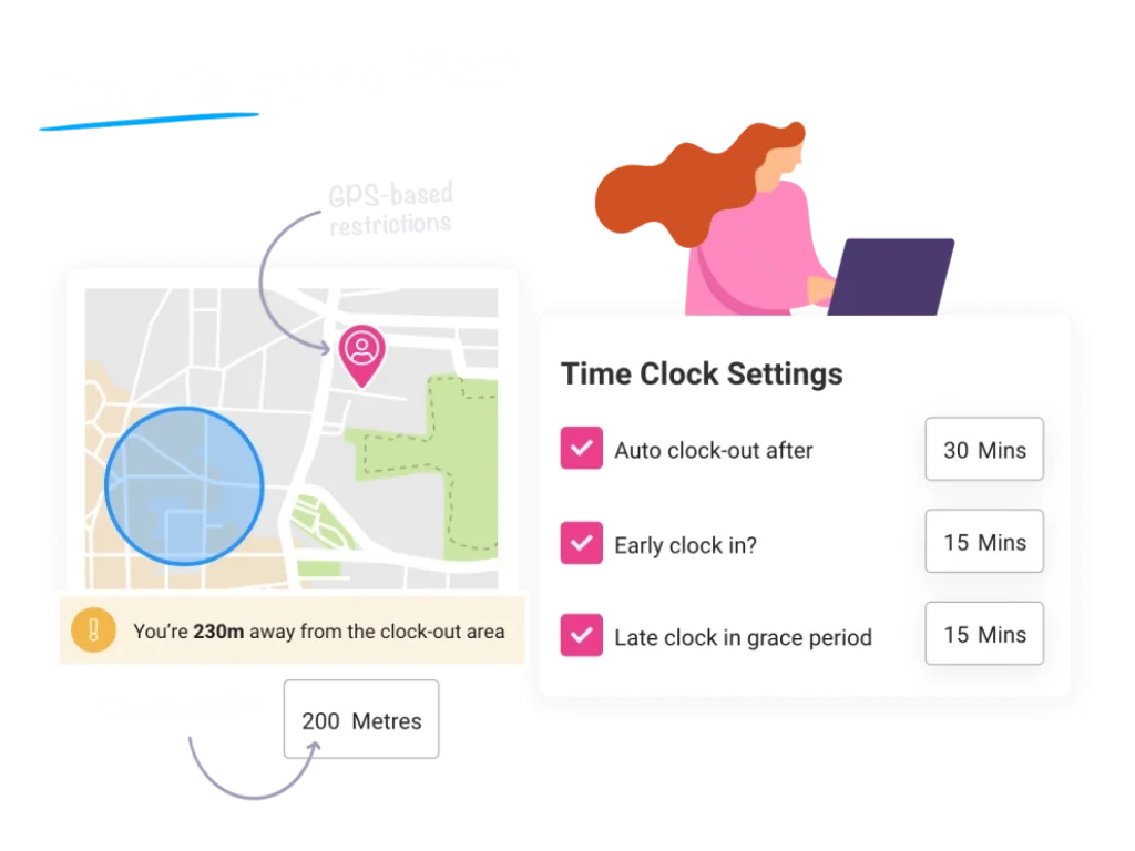 Shiftie time clock settings with GPS radius and automated clock-in controls