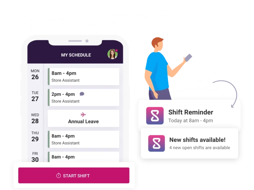 Shiftie mobile app showing weekly schedule and shift reminder notifications