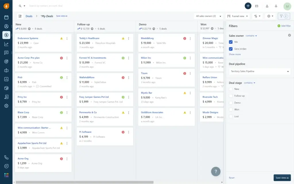 Freshsales deal pipeline with filters and sales stages