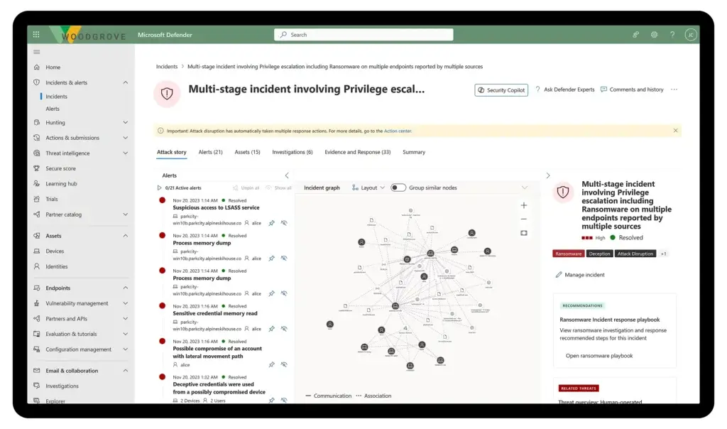 Microsoft Defender incident dashboard showing ransomware alerts, investigation graph, and endpoint security response tools