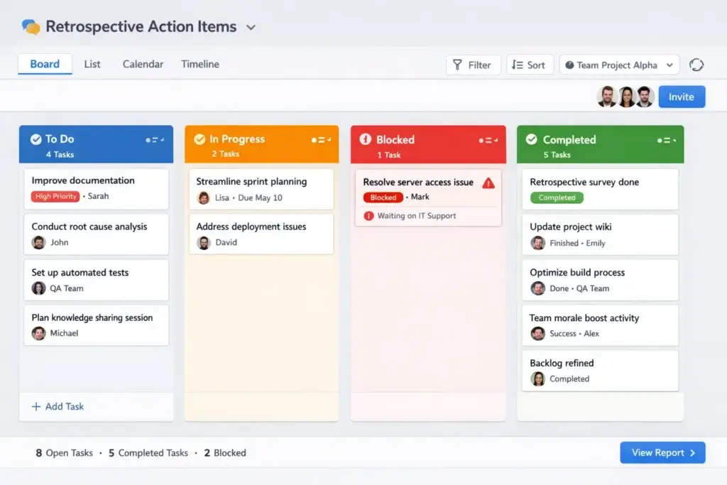 Tracking project retrospective action items in a work management platform