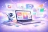 AI presentation maker concept showing a laptop with colorful slides, charts, and a robot assistant in a futuristic workspace