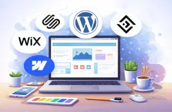 Laptop with website builder interface and top website builder logos for comparison