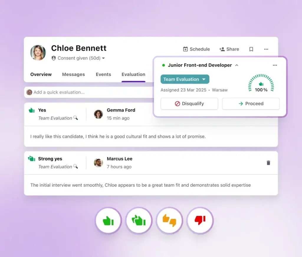 Tellent Recruitee evaluation screen for candidate assessment and hiring decisions