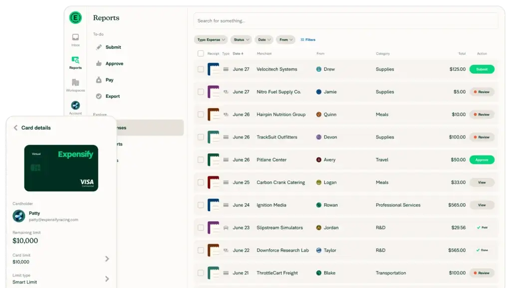 Expensify expense reports dashboard with card details