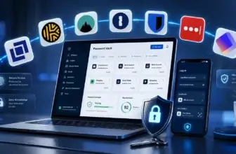 Password manager dashboard with secure vault, autofill login, lock shield, and icons of leading password manager brands