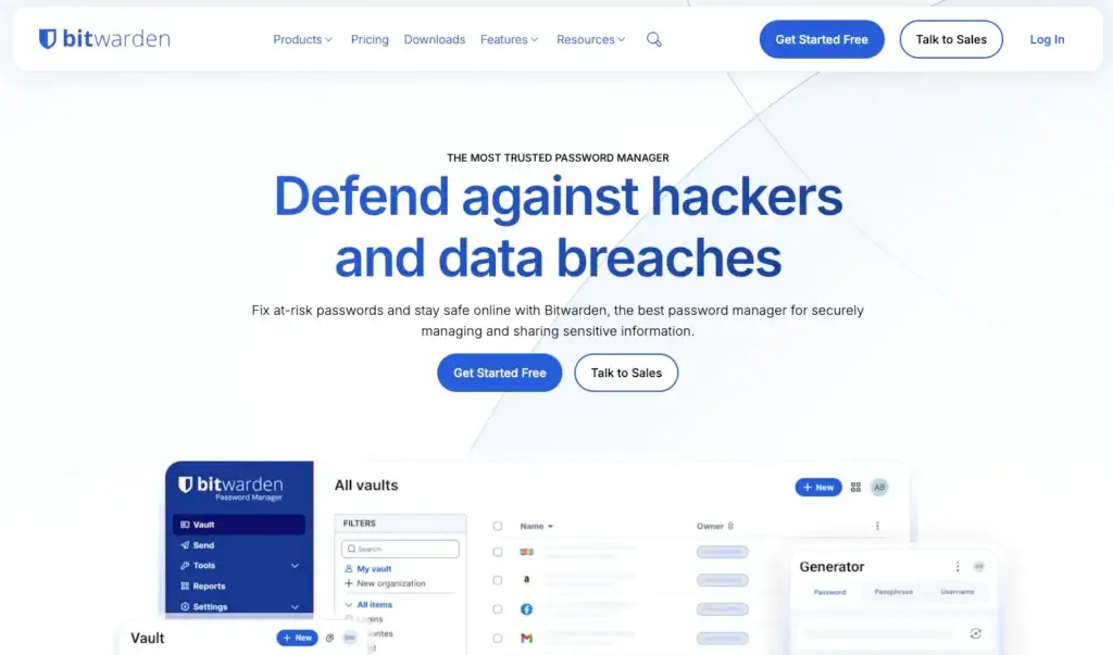 Bitwarden homepage promoting secure password management, breach protection, and encrypted vault access
