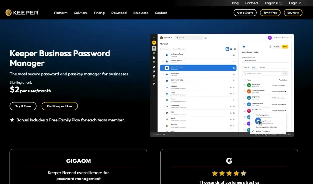 Keeper homepage showing business password manager dashboard, shared folders, and team access controls