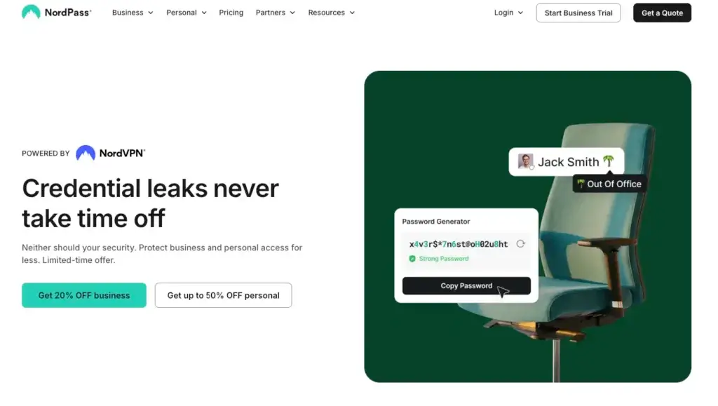 NordPass homepage showing password generator and credential security messaging for business and personal users