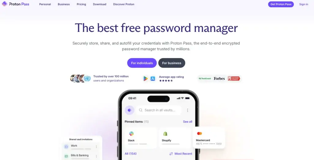 Proton Pass homepage promoting encrypted password storage, secure sharing, autofill, and vault access