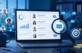 Email finder software dashboard showing professional contacts, email search, lead targeting, and prospecting analytics