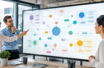 Team reviewing a concept map on a large digital whiteboard